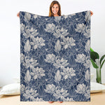 White And Blue Lotus Flower Print Blanket