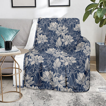 White And Blue Lotus Flower Print Blanket