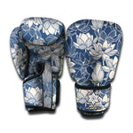 White And Blue Lotus Flower Print Boxing Gloves