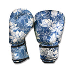 White And Blue Lotus Flower Print Boxing Gloves