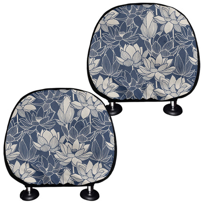 White And Blue Lotus Flower Print Car Headrest Covers