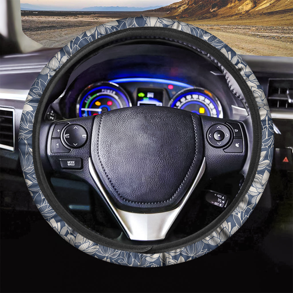 White And Blue Lotus Flower Print Car Steering Wheel Cover