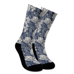 White And Blue Lotus Flower Print Crew Socks
