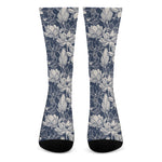 White And Blue Lotus Flower Print Crew Socks