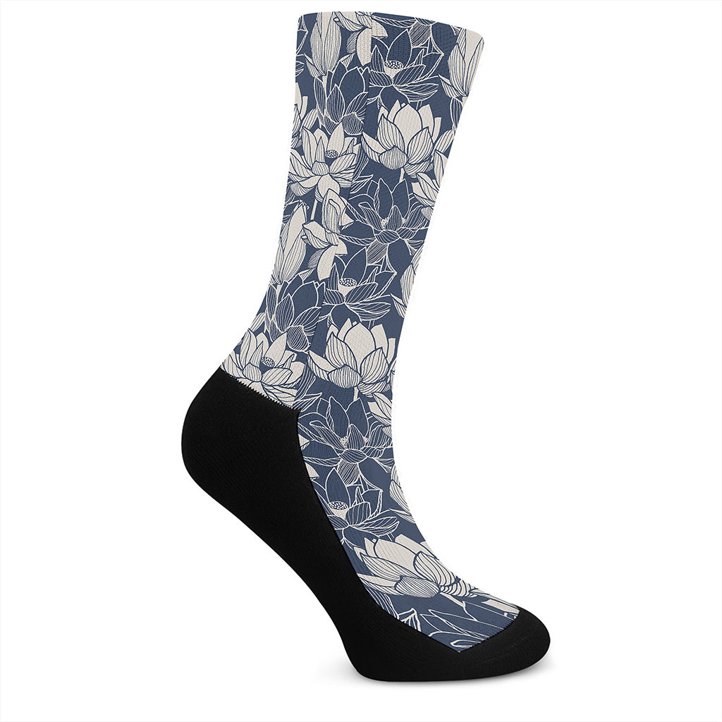 White And Blue Lotus Flower Print Crew Socks