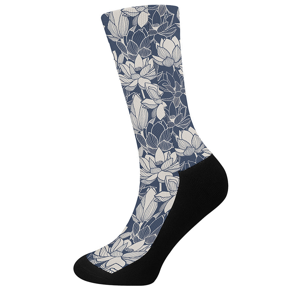 White And Blue Lotus Flower Print Crew Socks