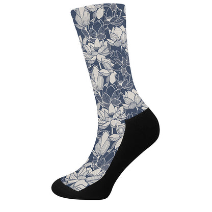 White And Blue Lotus Flower Print Crew Socks