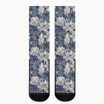 White And Blue Lotus Flower Print Crew Socks