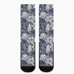 White And Blue Lotus Flower Print Crew Socks