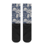 White And Blue Lotus Flower Print Crew Socks