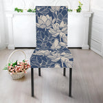 White And Blue Lotus Flower Print Dining Chair Slipcover
