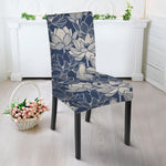 White And Blue Lotus Flower Print Dining Chair Slipcover