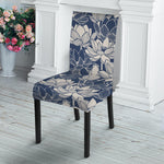 White And Blue Lotus Flower Print Dining Chair Slipcover