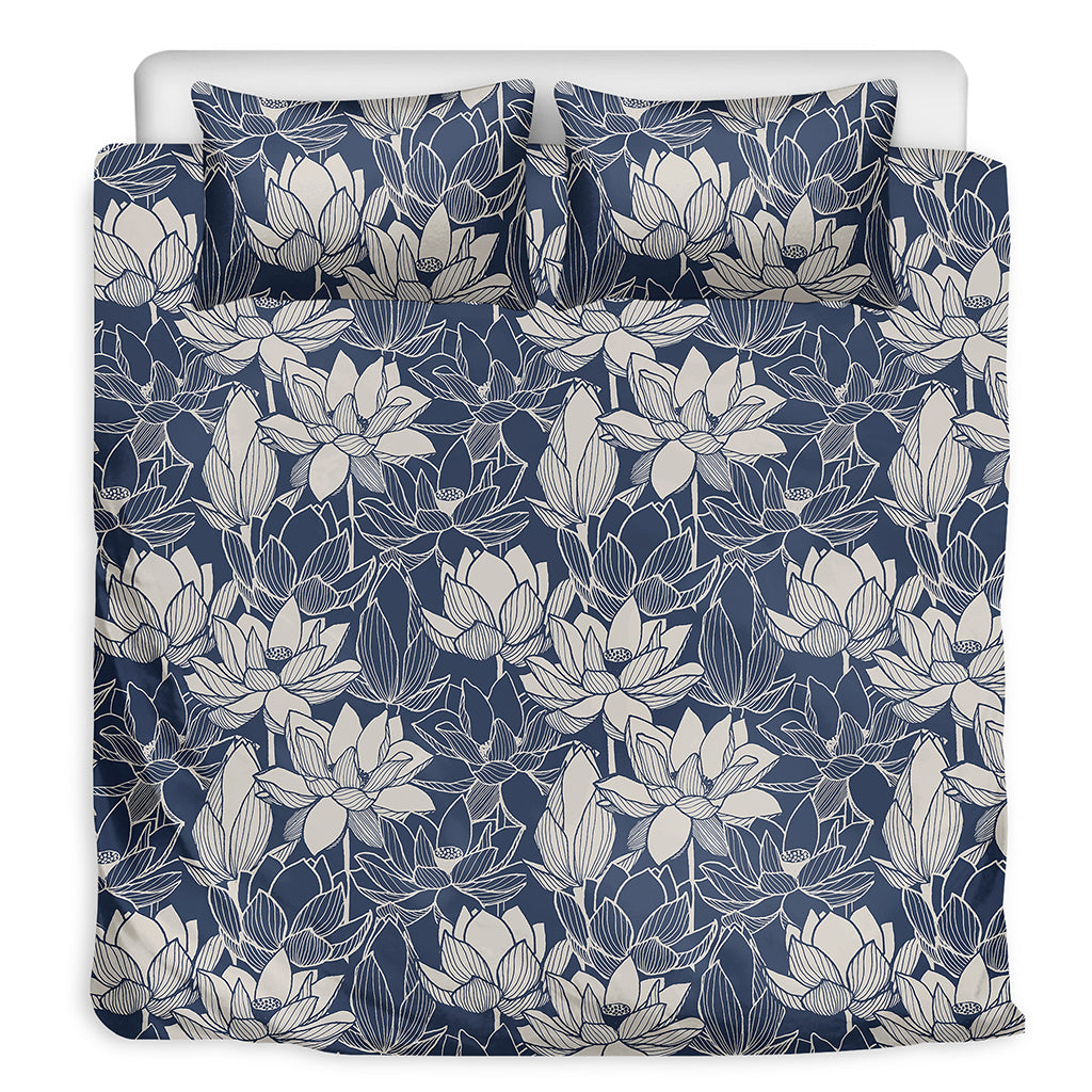 White And Blue Lotus Flower Print Duvet Cover Bedding Set