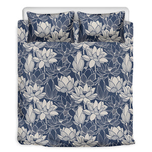 White And Blue Lotus Flower Print Duvet Cover Bedding Set