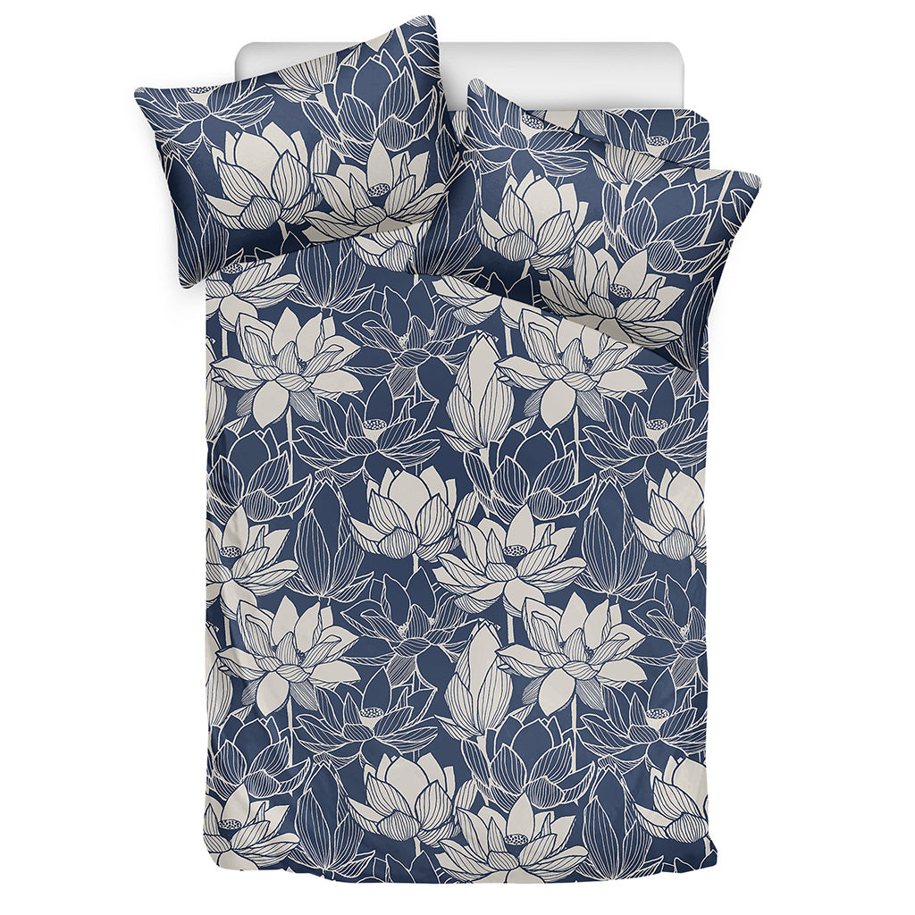 White And Blue Lotus Flower Print Duvet Cover Bedding Set