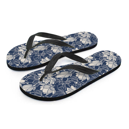 White And Blue Lotus Flower Print Flip Flops