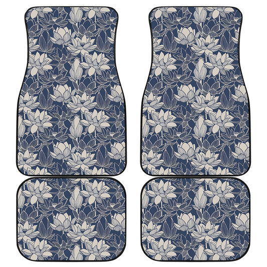 White And Blue Lotus Flower Print Front and Back Car Floor Mats