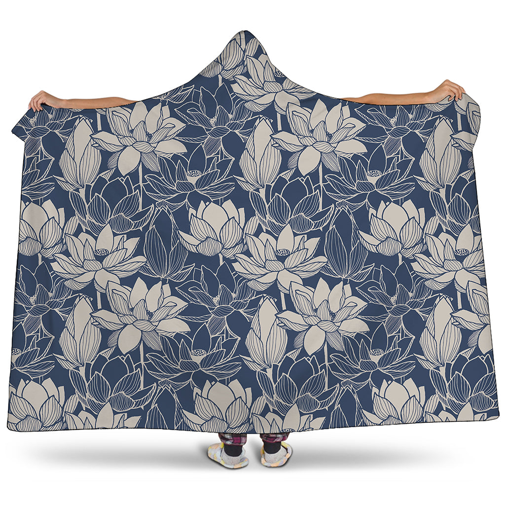 White And Blue Lotus Flower Print Hooded Blanket