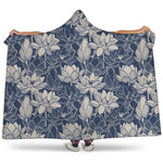 White And Blue Lotus Flower Print Hooded Blanket