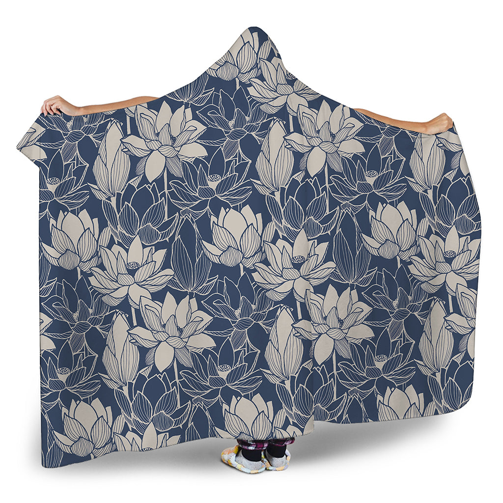 White And Blue Lotus Flower Print Hooded Blanket