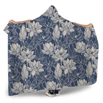 White And Blue Lotus Flower Print Hooded Blanket
