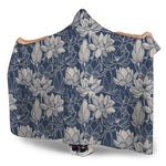 White And Blue Lotus Flower Print Hooded Blanket