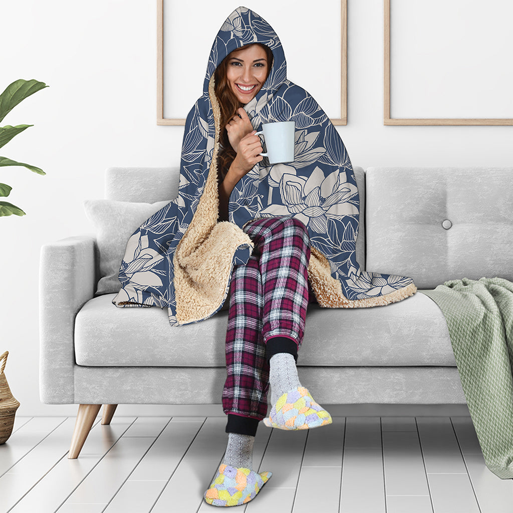 White And Blue Lotus Flower Print Hooded Blanket