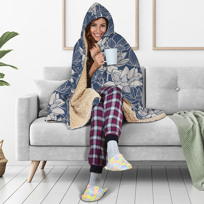 White And Blue Lotus Flower Print Hooded Blanket