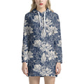 White And Blue Lotus Flower Print Pullover Hoodie Dress