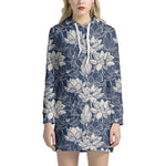 White And Blue Lotus Flower Print Hoodie Dress