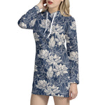 White And Blue Lotus Flower Print Hoodie Dress