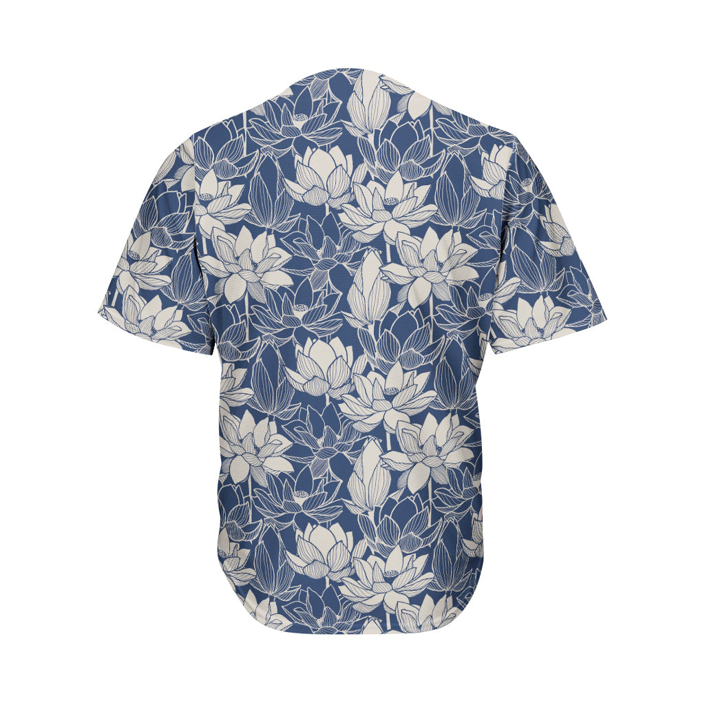 White And Blue Lotus Flower Print Men's Baseball Jersey