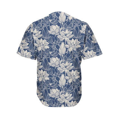 White And Blue Lotus Flower Print Men's Baseball Jersey