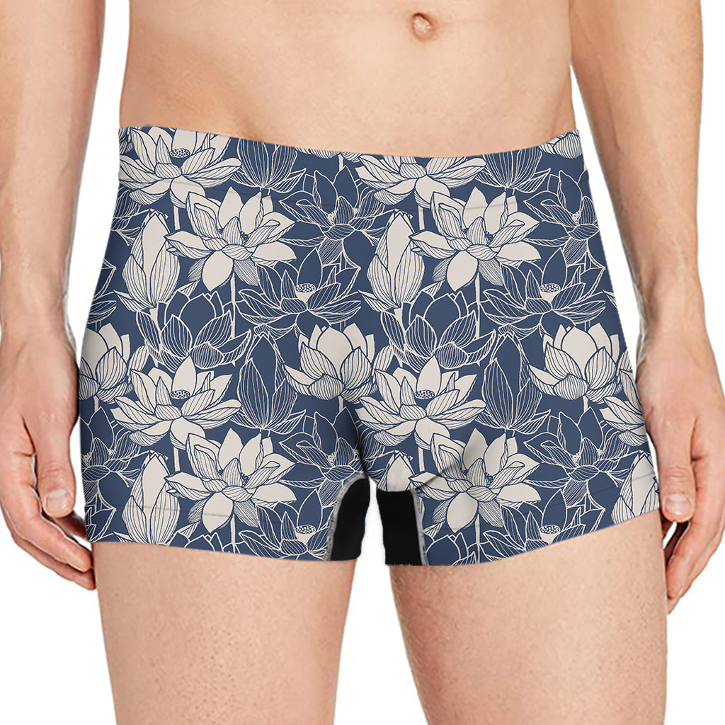 White And Blue Lotus Flower Print Men's Boxer Briefs