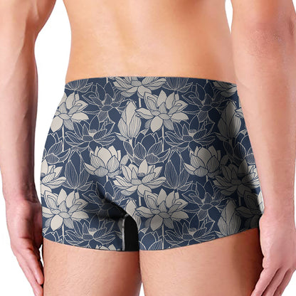 White And Blue Lotus Flower Print Men's Boxer Briefs
