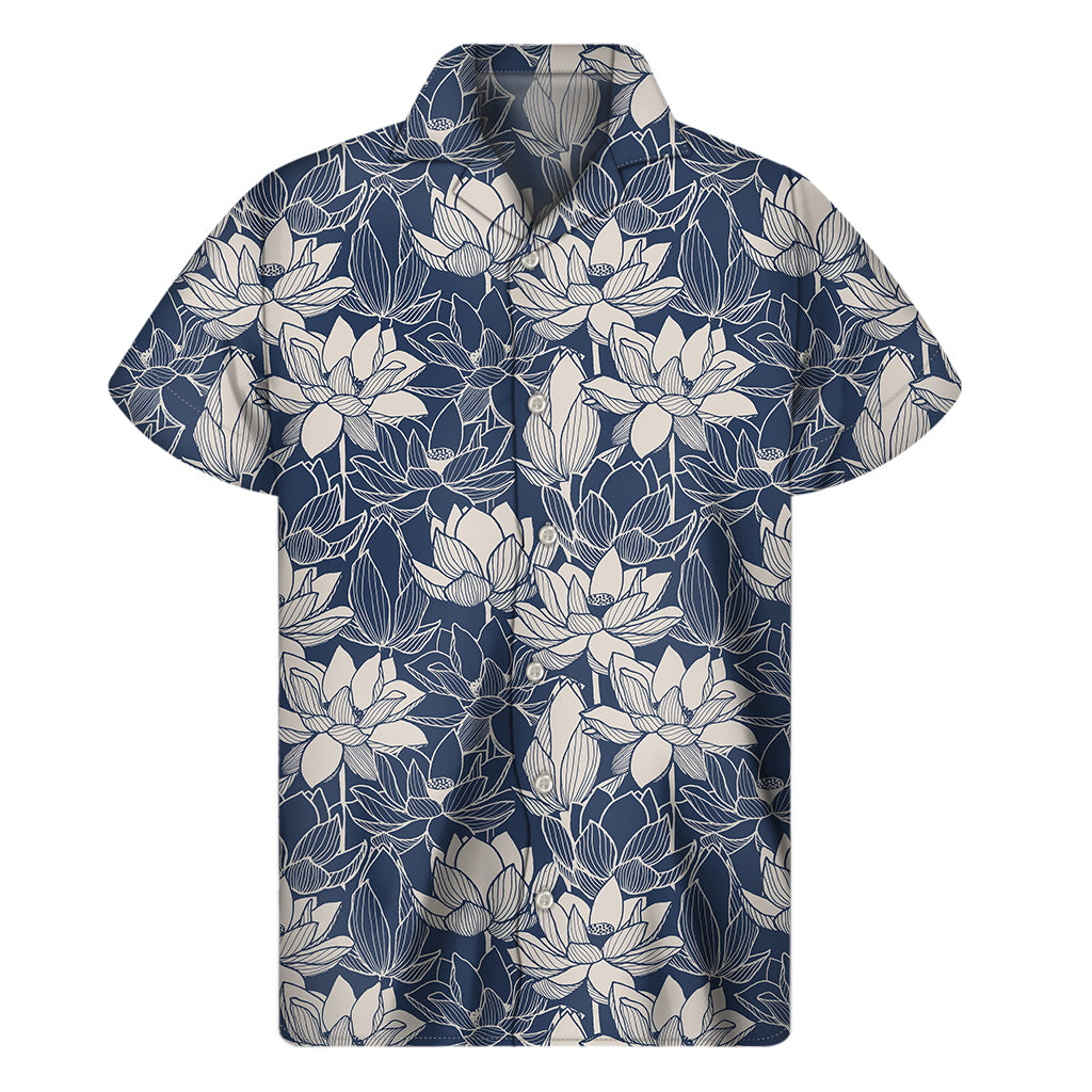 White And Blue Lotus Flower Print Men's Short Sleeve Shirt