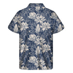 White And Blue Lotus Flower Print Men's Short Sleeve Shirt