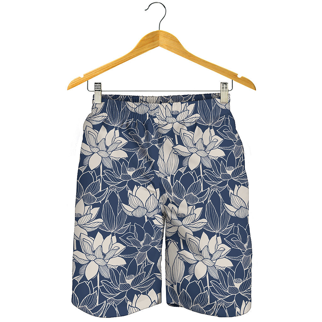 White And Blue Lotus Flower Print Men's Shorts
