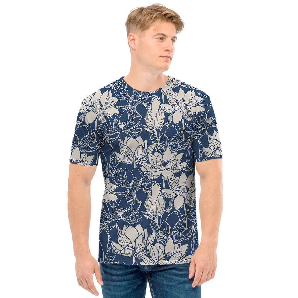 White And Blue Lotus Flower Print Men's T-Shirt