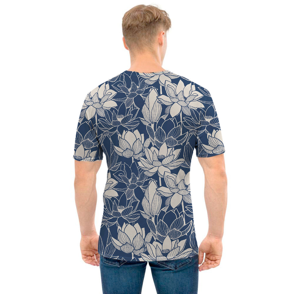 White And Blue Lotus Flower Print Men's T-Shirt