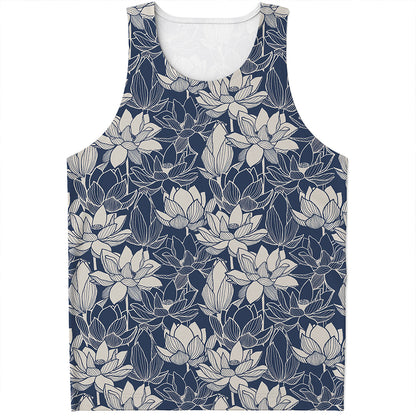 White And Blue Lotus Flower Print Men's Tank Top