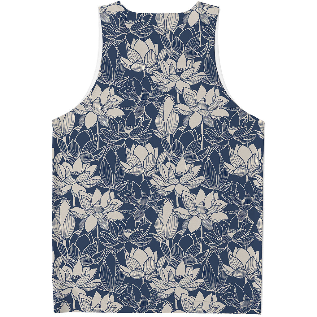 White And Blue Lotus Flower Print Men's Tank Top