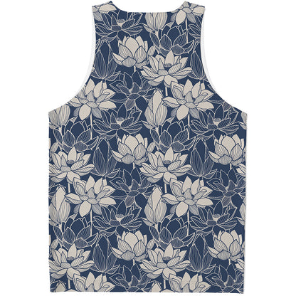 White And Blue Lotus Flower Print Men's Tank Top