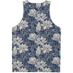 White And Blue Lotus Flower Print Men's Tank Top