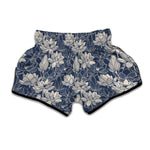 White And Blue Lotus Flower Print Muay Thai Boxing Shorts