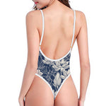 White And Blue Lotus Flower Print One Piece High Cut Swimsuit