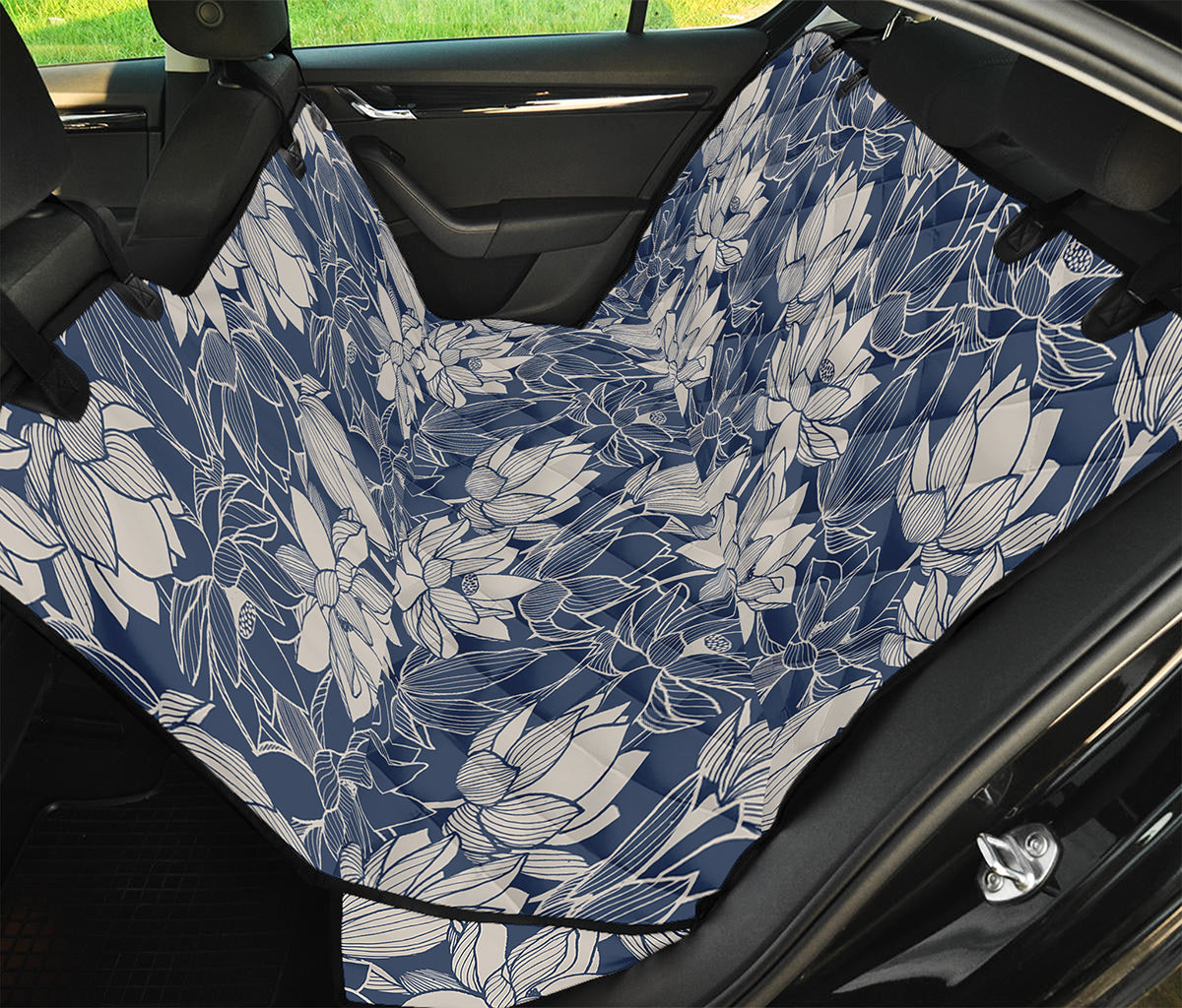 White And Blue Lotus Flower Print Pet Car Back Seat Cover