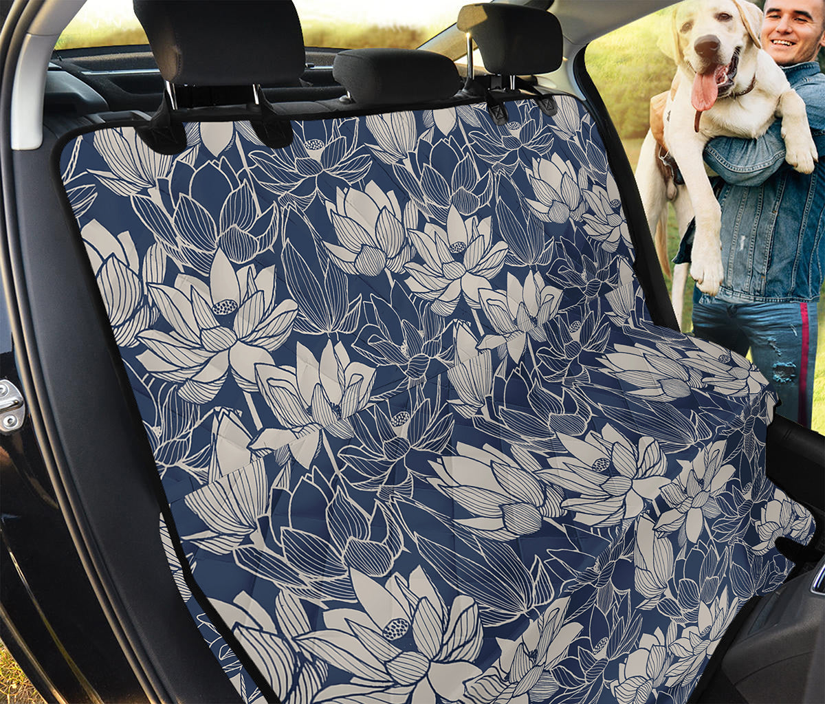 White And Blue Lotus Flower Print Pet Car Back Seat Cover