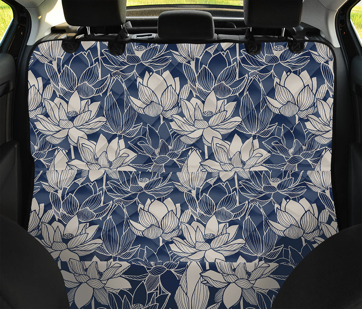 White And Blue Lotus Flower Print Pet Car Back Seat Cover